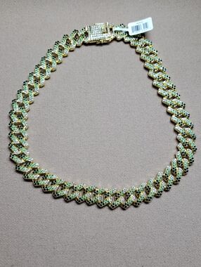 Invicta Gold and Green Pavé Cuban Link Necklace with Clear Accents